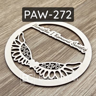 Skrzydła anioła na obręczy, wycinane laserowo ze sklejki, pamiątka I Komunii Świętej.