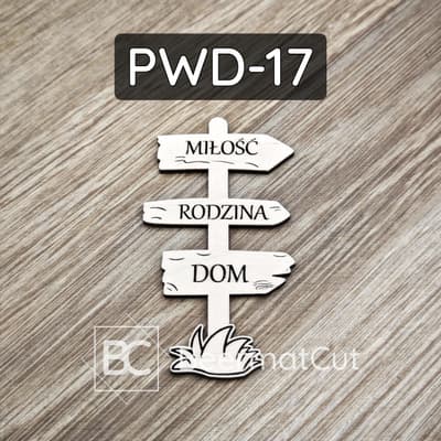 Drogowskaz wycinany laserowo ze sklejki, dekoracja ślubna z napisami Miłość, Rodzina, Dom.