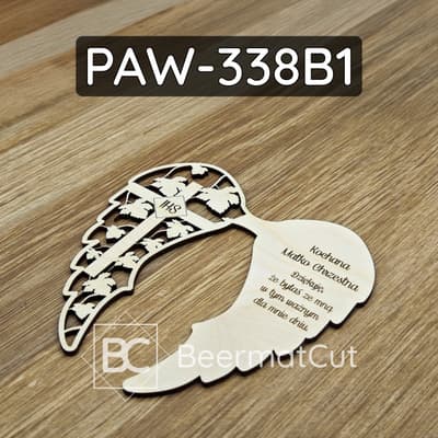 Ażurowe skrzydła anioła ze sklejki, wycinane laserowo, z motywem krzyża i grawerem dla Matki Chrzestnej, do rękodzieła.