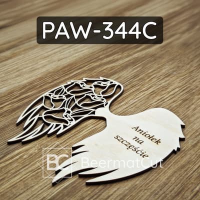 Ażurowe skrzydła anioła wycinane laserowo ze sklejki, do makramy lub dekoracji, z grawerem "Aniołek na szczęście".