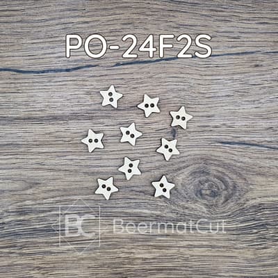 Zestaw guzików wycinanych laserowo ze sklejki w kształcie gwiazdek do rękodzieła.