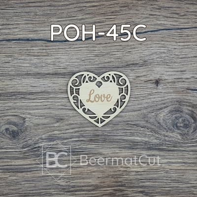 Serce wycinane laserowo ze sklejki z napisem "Love" do dekoracji i rękodzieła.