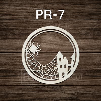 Obręcz do makramy wycinana laserowo ze sklejki z motywem Halloween: pająk, pajęczyna, dom strachów.