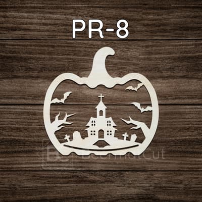 Obręcz do makramy ze sklejki wycinana laserowo, dynia Halloween z domem i nietoperzami.