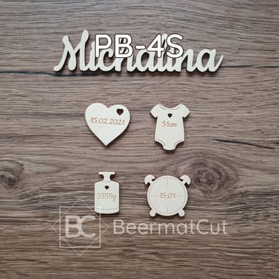 Metryczka dziecięca wycinana laserowo ze sklejki z imieniem i danymi urodzenia dla dziewczynki.