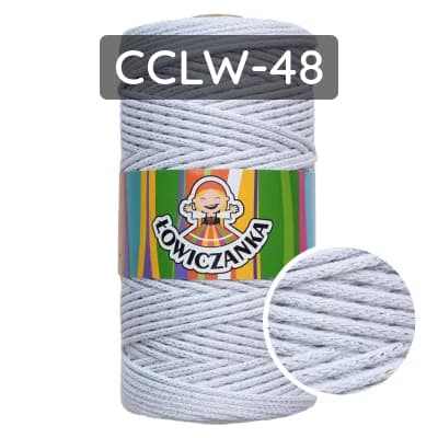 Corda macramè intrecciata cotone bianco con filo argento per artigianato.