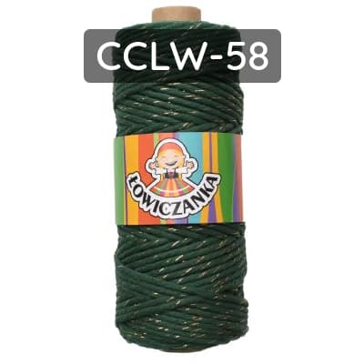 Corda macramè cotone ritorto, verde bottiglia con filo oro, per artigianato.