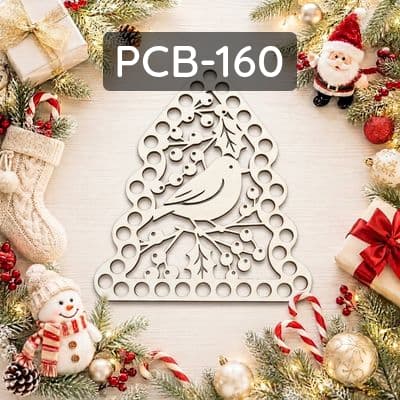 Base per macramè in compensato tagliato al laser, motivo albero di Natale con uccellino invernale.