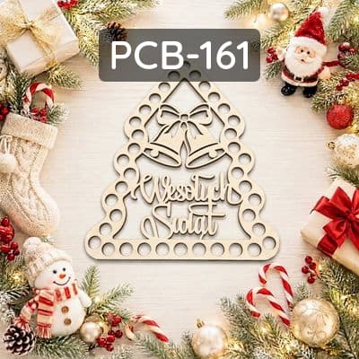 Base per macramè/cestino, compensato tagliato al laser, motivo albero di Natale con campane e scritta "Buon Natale".