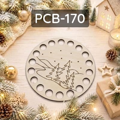 Base per cestino e macramè, compensato tagliato al laser, con motivo di alberi di Natale.
