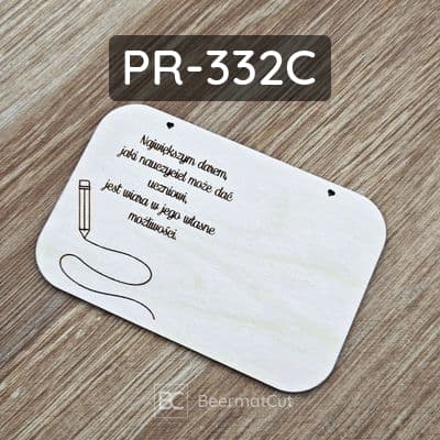 Tabliczka ze sklejki, laserowo grawerowana, z cytatem o nauczycielu i motywem ołówka.